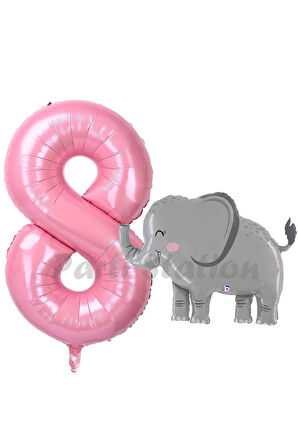 Sevimli Fil Balon 4 Yaş Doğum Günü Balon Set Safari Konsept Fil Balon ve Pembe Renk Rakam Balon