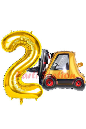 İnşaat Forklift Kamyonu Balon 6 Yaş Doğum Günü Balon Set İş Makineleri Konsept Ve Gold Rakam Balon