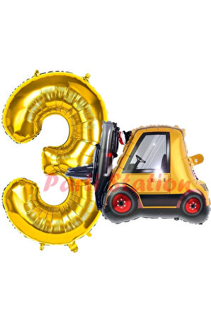 İnşaat Forklift Kamyonu Balon 6 Yaş Doğum Günü Balon Set İş Makineleri Konsept Ve Gold Rakam Balon