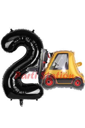 İnşaat Forklift Kamyonu Balon 4 Yaş Doğum Günü Balon Set İş Makineleri Konsept Ve Siyah Rakam Balon