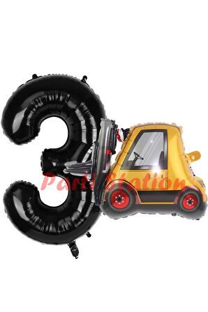 İnşaat Forklift Kamyonu Balon 4 Yaş Doğum Günü Balon Set İş Makineleri Konsept Ve Siyah Rakam Balon
