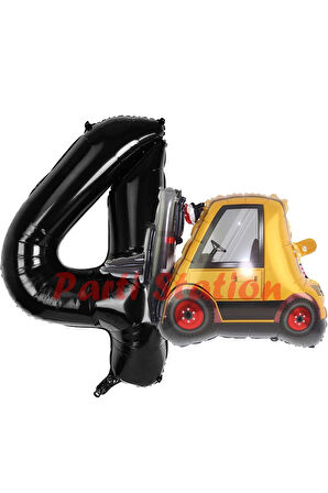 İnşaat Forklift Kamyonu Balon 4 Yaş Doğum Günü Balon Set İş Makineleri Konsept Ve Siyah Rakam Balon