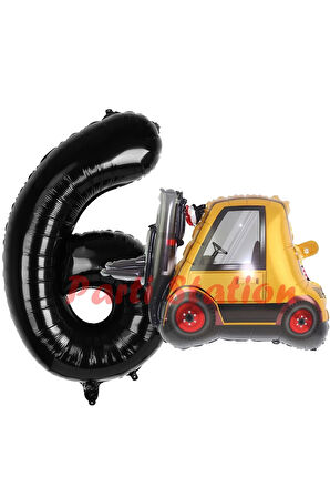 İnşaat Forklift Kamyonu Balon 4 Yaş Doğum Günü Balon Set İş Makineleri Konsept Ve Siyah Rakam Balon