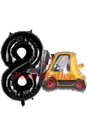 İnşaat Forklift Kamyonu Balon 4 Yaş Doğum Günü Balon Set İş Makineleri Konsept Ve Siyah Rakam Balon