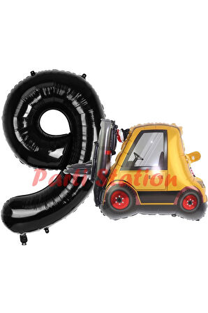İnşaat Forklift Kamyonu Balon 4 Yaş Doğum Günü Balon Set İş Makineleri Konsept Ve Siyah Rakam Balon
