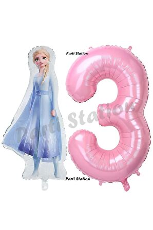 Elsa Frozen Balon 3 Yaş Doğum Günü Set Frozen Karlar Ülkesi Konsept Balon ve Pembe Rakam Balon