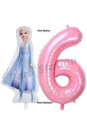 Elsa Frozen Balon 6 Yaş Doğum Günü Set Frozen Karlar Ülkesi Konsept Balon ve Pembe Rakam Balon