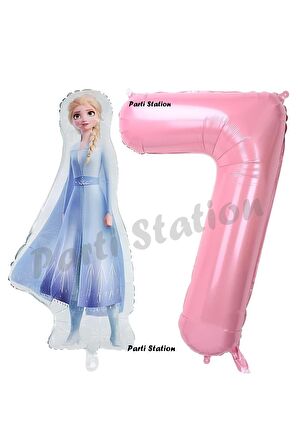 Elsa Frozen Balon 7 Yaş Doğum Günü Set Frozen Karlar Ülkesi Konsept Balon ve Pembe Rakam Balon