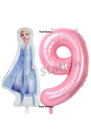 Elsa Frozen Balon 9 Yaş Doğum Günü Set Frozen Karlar Ülkesi Konsept Balon ve Pembe Rakam Balon
