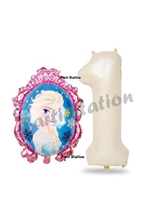 Frozen Balon 1 Yaş Doğum Günü Set Karlar Ülkesi Konsept Balon ve Krem Rakam Balon Doğum Günü Set