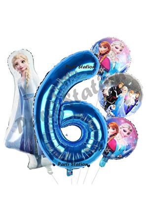 Frozen Balon 6 Yaş Doğum Günü Set Frozen Elsa Karlar Ülkesi Konsept Balon ve Lacivert Rakam Balon