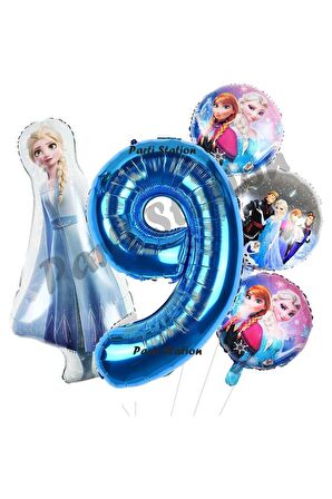 Frozen Balon 9 Yaş Doğum Günü Set Frozen Elsa Karlar Ülkesi Konsept Balon ve Lacivert Rakam Balon
