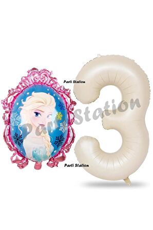 Frozen Balon 3 Yaş Doğum Günü Set Karlar Ülkesi Konsept Balon ve Krem Rakam Balon Doğum Günü Set