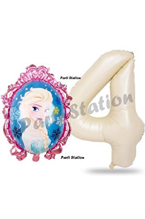 Frozen Balon 4 Yaş Doğum Günü Set Karlar Ülkesi Konsept Balon ve Krem Rakam Balon Doğum Günü Set