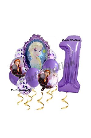 Frozen Balon 1 Yaş Doğum Günü Set Frozen Elsa Karlar Ülkesi Konsept Balon ve Mor Rakam Balon