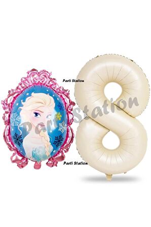Frozen Balon 8 Yaş Doğum Günü Set Karlar Ülkesi Konsept Balon ve Krem Rakam Balon Doğum Günü Set