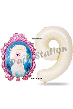 Frozen Balon 9 Yaş Doğum Günü Set Karlar Ülkesi Konsept Balon ve Krem Rakam Balon Doğum Günü Set