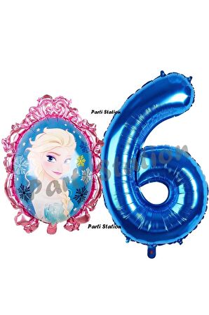 Frozen Balon 6 Yaş Doğum Günü Set Karlar Ülkesi Konsept Balon ve Lacivert Rakam Balon Doğum Günü Set