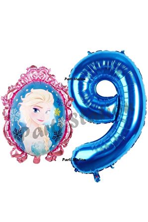 Frozen Balon 9 Yaş Doğum Günü Set Karlar Ülkesi Konsept Balon ve Lacivert Rakam Balon Doğum Günü Set