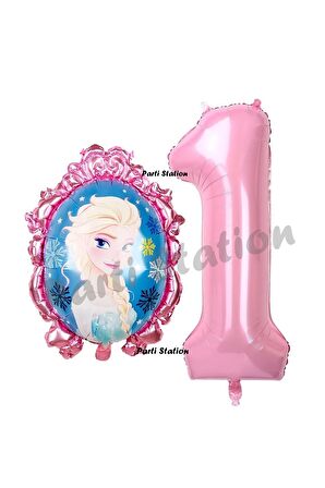 Frozen Balon 1 Yaş Doğum Günü Set Karlar Ülkesi Konsept Balon ve Pembe Rakam Balon Doğum Günü Set