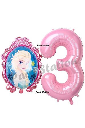 Frozen Balon 3 Yaş Doğum Günü Set Karlar Ülkesi Konsept Balon ve Pembe Rakam Balon Doğum Günü Set