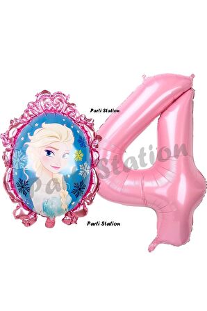 Frozen Balon 4 Yaş Doğum Günü Set Karlar Ülkesi Konsept Balon ve Pembe Rakam Balon Doğum Günü Set