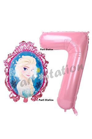 Frozen Balon 7 Yaş Doğum Günü Set Karlar Ülkesi Konsept Balon ve Pembe Rakam Balon Doğum Günü Set