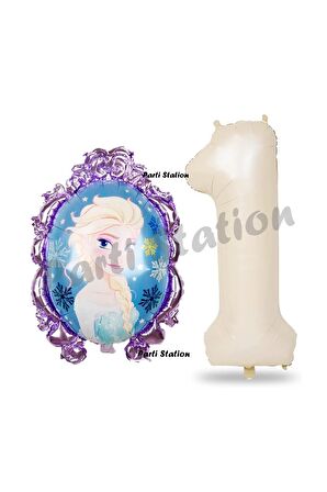 Frozen Balon 1 Yaş Doğum Günü Set Frozen Elsa Konsept Balon ve Krem Rakam Balon Doğum Günü Set