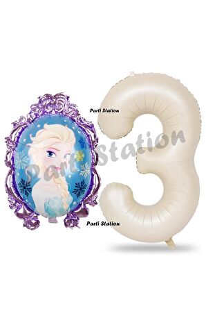 Frozen Balon 3 Yaş Doğum Günü Set Frozen Elsa Konsept Balon ve Krem Rakam Balon Doğum Günü Set