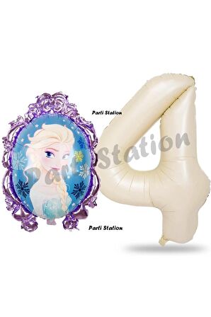 Frozen Balon 4 Yaş Doğum Günü Set Frozen Elsa Konsept Balon ve Krem Rakam Balon Doğum Günü Set