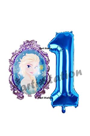 Frozen Balon 1 Yaş Doğum Günü Set Frozen Elsa Konsept Balon ve Lacivert Rakam Balon Doğum Günü Set