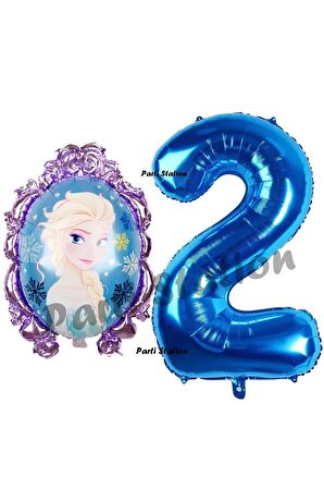 Frozen Balon 2 Yaş Doğum Günü Set Frozen Elsa Konsept Balon ve Lacivert Rakam Balon Doğum Günü Set