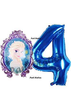 Frozen Balon 4 Yaş Doğum Günü Set Frozen Elsa Konsept Balon ve Lacivert Rakam Balon Doğum Günü Set