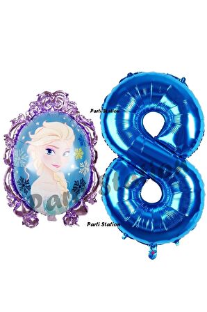Frozen Balon 8 Yaş Doğum Günü Set Frozen Elsa Konsept Balon ve Lacivert Rakam Balon Doğum Günü Set