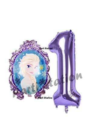 Frozen Balon 1 Yaş Doğum Günü Set Frozen Elsa Konsept Balon ve Mor Rakam Balon Doğum Günü Set