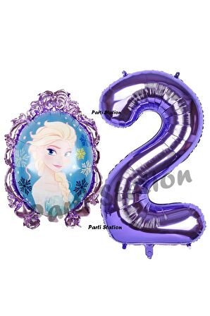 Frozen Balon 2 Yaş Doğum Günü Set Frozen Elsa Konsept Balon ve Mor Rakam Balon Doğum Günü Set