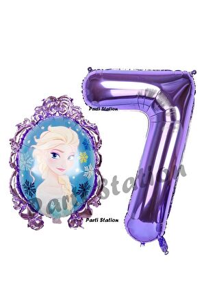 Frozen Balon 7 Yaş Doğum Günü Set Frozen Elsa Konsept Balon ve Mor Rakam Balon Doğum Günü Set