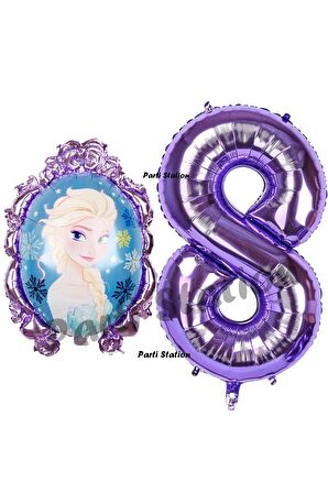 Frozen Balon 8 Yaş Doğum Günü Set Frozen Elsa Konsept Balon ve Mor Rakam Balon Doğum Günü Set