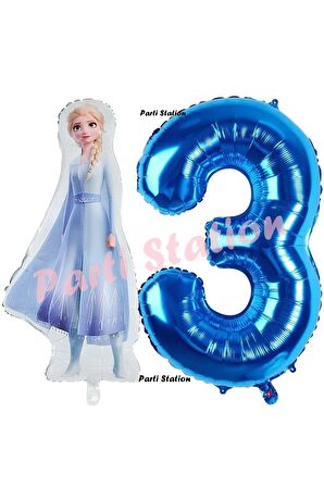 Elsa Frozen Balon 3 Yaş Doğum Günü Set Frozen Karlar Ülkesi Konsept Balon ve Lacivert Rakam Balon