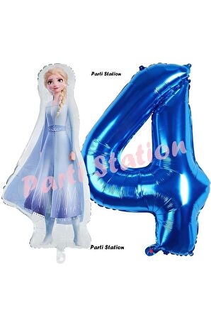 Elsa Frozen Balon 4 Yaş Doğum Günü Set Frozen Karlar Ülkesi Konsept Balon ve Lacivert Rakam Balon
