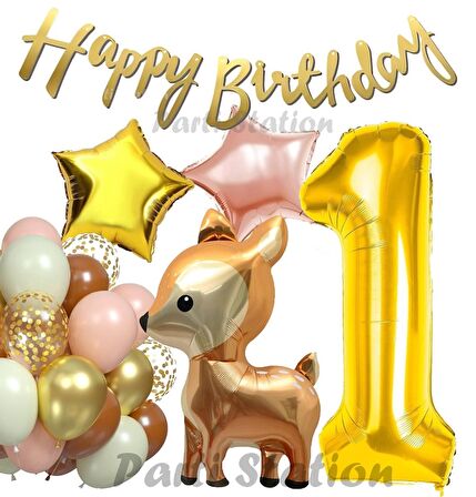 Woodland Geyik 1 Yaş Folyo Balon Set Ceylan Geyik Doğum Günü Parti Balon Set Geyik Konsept Balon Set