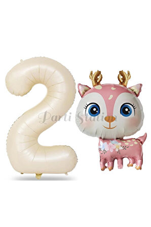 Sevimli Geyik 2 Yaş Balon Set Ceylan Balon Woodland Konsept Geyik Balon ve Krem Renk Rakam Balon