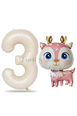 Sevimli Geyik 2 Yaş Balon Set Ceylan Balon Woodland Konsept Geyik Balon ve Krem Renk Rakam Balon