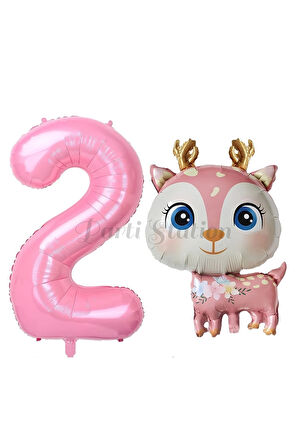 Sevimli Geyik 7 Yaş Balon Set Ceylan Balon Woodland Konsept Geyik Balon ve Pembe Renk Rakam Balon
