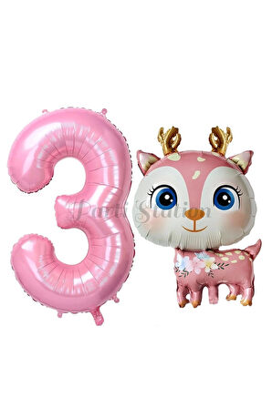 Sevimli Geyik 7 Yaş Balon Set Ceylan Balon Woodland Konsept Geyik Balon ve Pembe Renk Rakam Balon