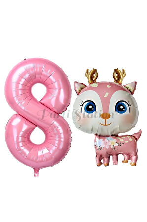 Sevimli Geyik 7 Yaş Balon Set Ceylan Balon Woodland Konsept Geyik Balon ve Pembe Renk Rakam Balon