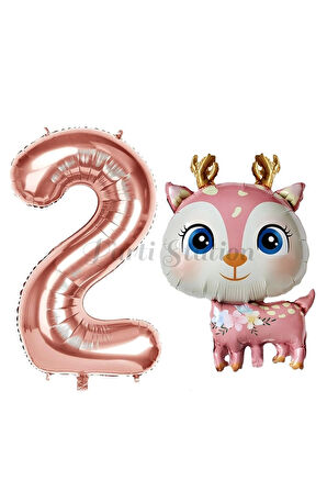 Sevimli Geyik 6 Yaş Balon Set Ceylan Balon Woodland Konsept Geyik Balon ve Rosegold Renk Rakam Balon