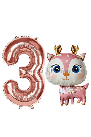 Sevimli Geyik 6 Yaş Balon Set Ceylan Balon Woodland Konsept Geyik Balon ve Rosegold Renk Rakam Balon