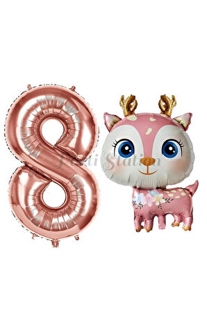 Sevimli Geyik 6 Yaş Balon Set Ceylan Balon Woodland Konsept Geyik Balon ve Rosegold Renk Rakam Balon