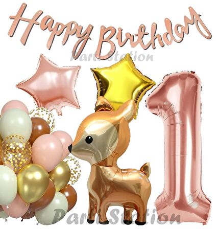 Woodland Geyik 1 Yaş Folyo Rosegold Balon Set Geyik Ceylan Doğum Günü Parti Balon Set Geyik Konsept